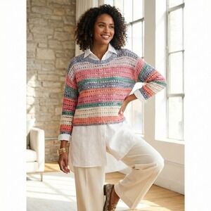 GAP for GOOD Womens Multicolor Crochet Open Knit Pullover Sweater LG Sustainable